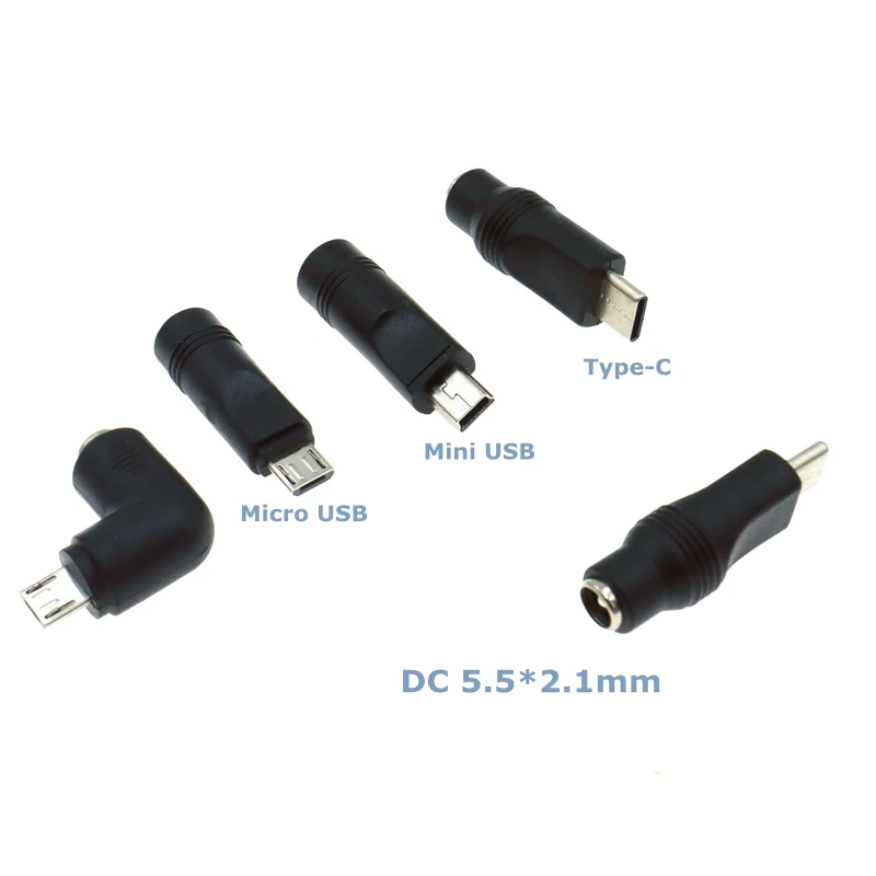 Adaptador de carga de conversión de energía para teléfonos móviles y tabletas, Micro USB Mini hembra a tipo C de DC 5,5x2,1mm, 5V, macho