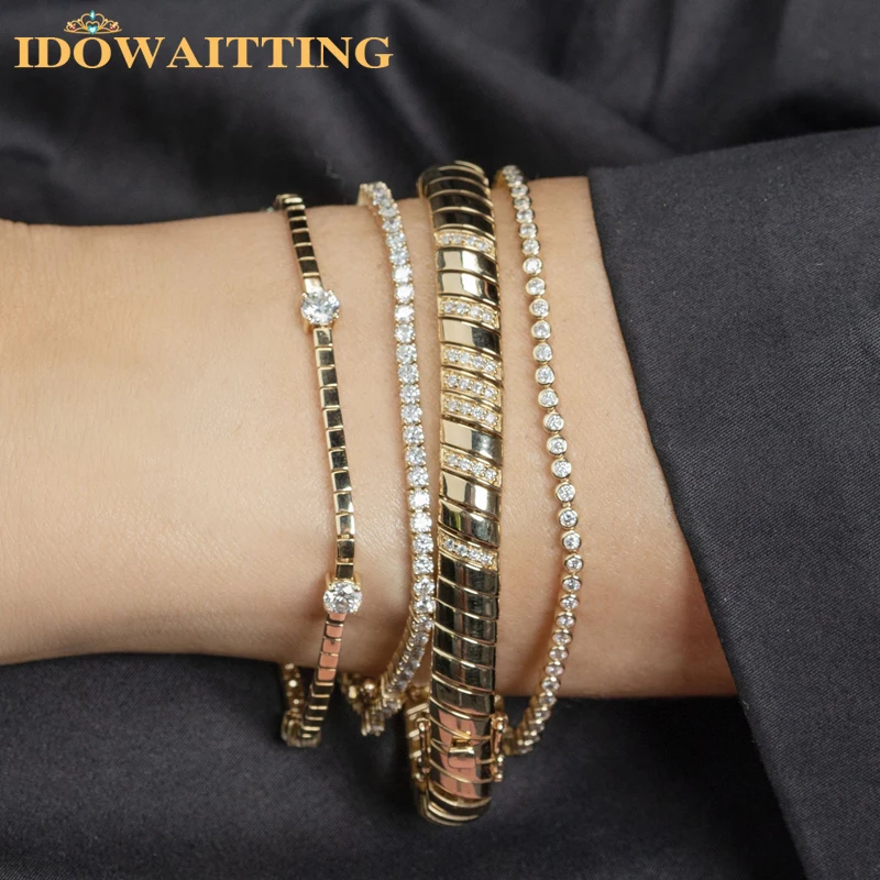 2025 New Fashion Women Girl Simple Jewelry Sparking Round Clear Cubic Zirconia Gold Color Square Bead Tennis Chain Bracelet