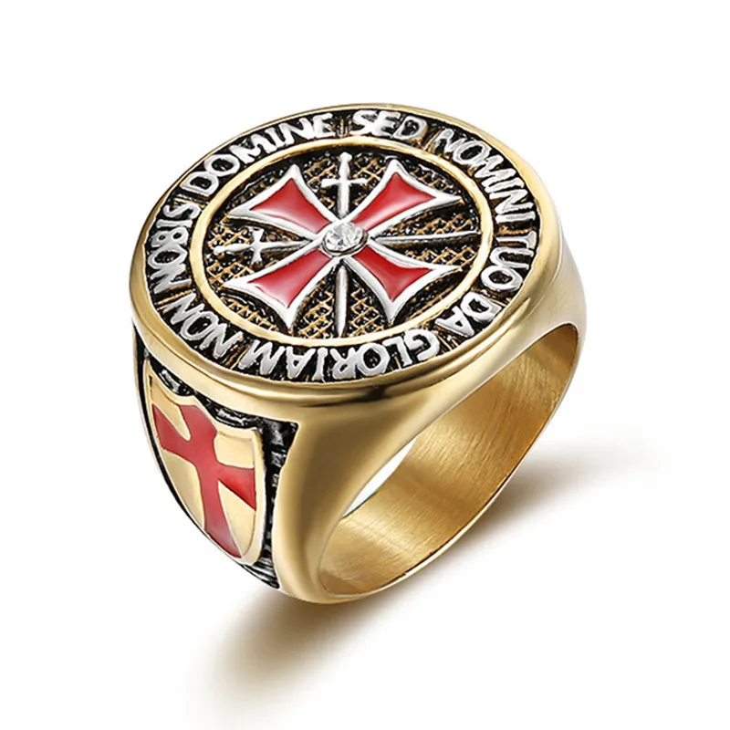 Classic Retro Iron Knights Templar Men Rings Size 7-15 Real Stainless Steel Red Enamel Cross Ring ShiningCubic Zirconia R725G