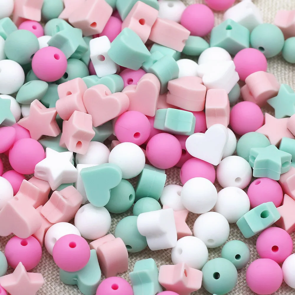 Cute-idea 50pc Silicone Beads Baby Lentil heart Star Shape Nuring Teething Beads Sets DIY Baby Pacifier Chain toys Accessories