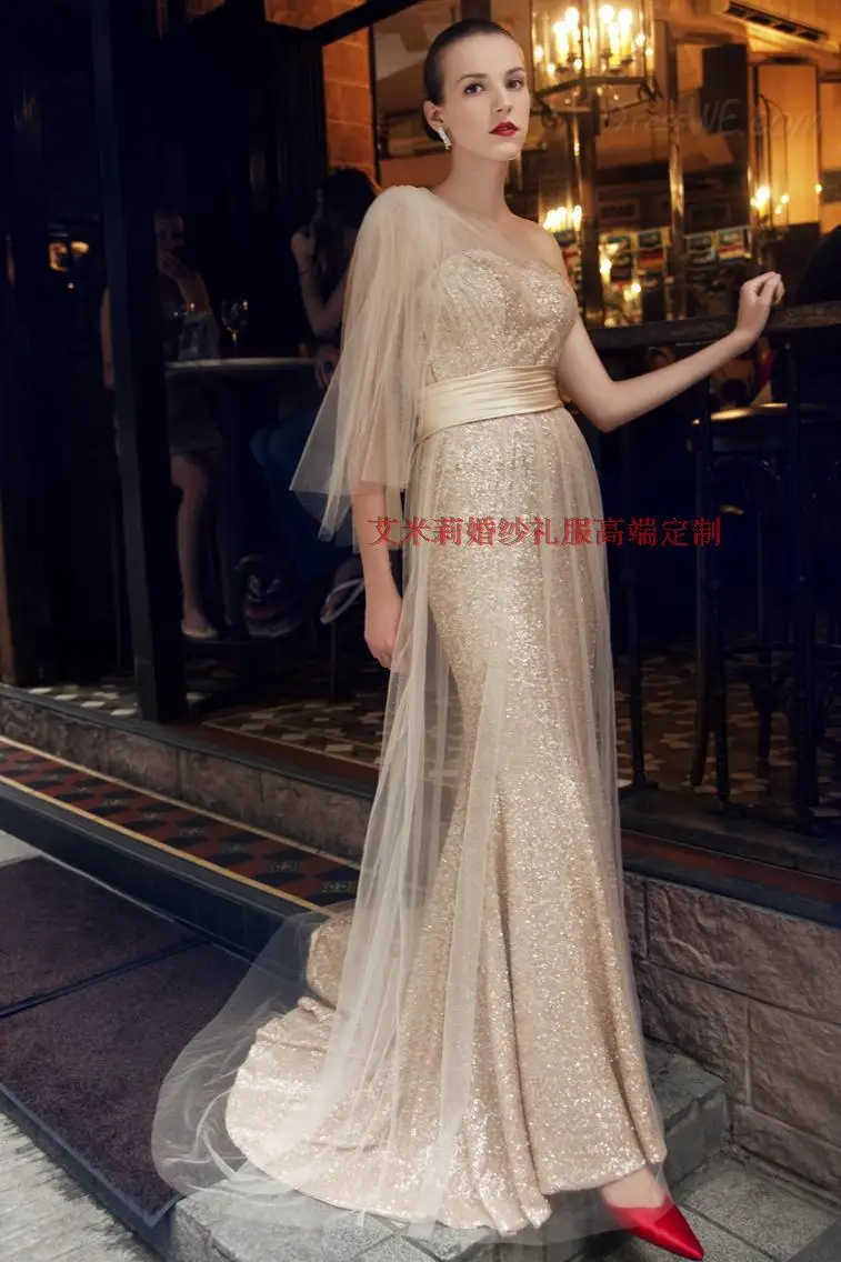 one shoulder hot sexy mermaid champagne sequined tulle long party elegant vestidos Formal gown 2018 bridesmaid dresses