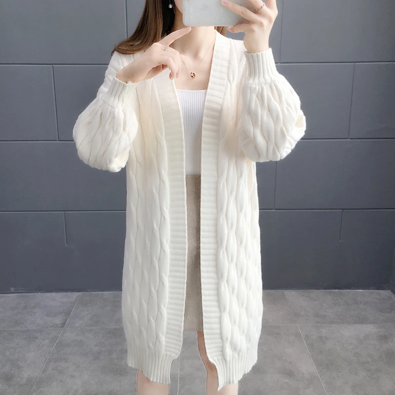 Korean Knitted Cardigan Women Mid-Length Autumn Winter Sweater Female Outer Wear Fashion Loose Thick Twist Sweater Jacket Ladies