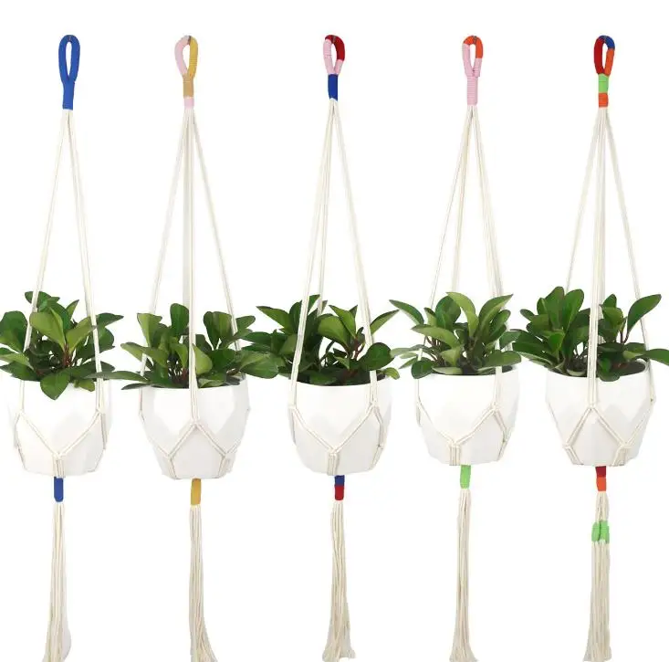 Slim Colorblock Macrame Plant Hanger Cotton Rope Hanging Plant Holder Flower Pot Holder Indoor Outdoor Balcony Decoration SN3665