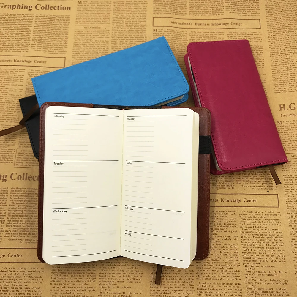 A6 Pocket Leather Notebook Agenda 2024 Day Weekly Planner Self filled Date Small Note Book With Pen Student Office Stationery