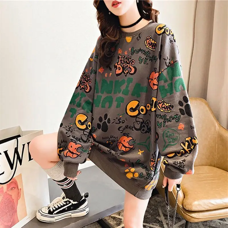 Fashion Autumn Pulovers Casual Aesthetic Loose Long Sleeve Women\'s T-shirts Graphic Korean Clothes Tops Midi Extra Large Hoodie