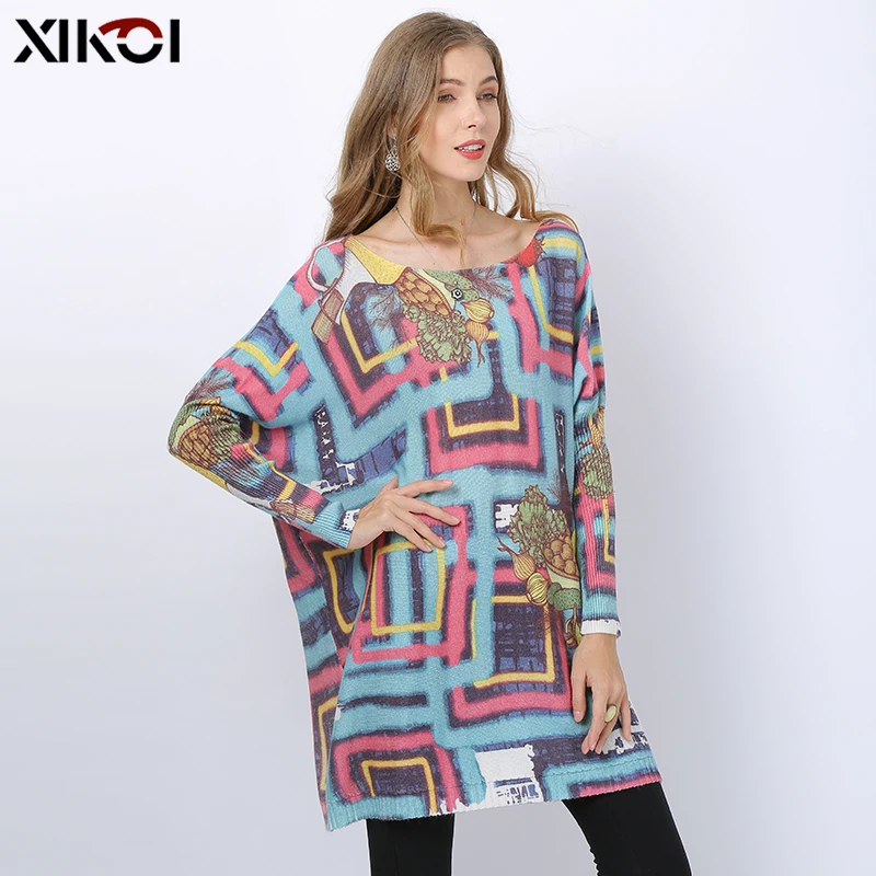 New Novel Fruit Maze Knitted Sweater Women Winter Jumper Patchwork Print Oversized Dress O-neck Wool Pull Femme Loose Pullovers