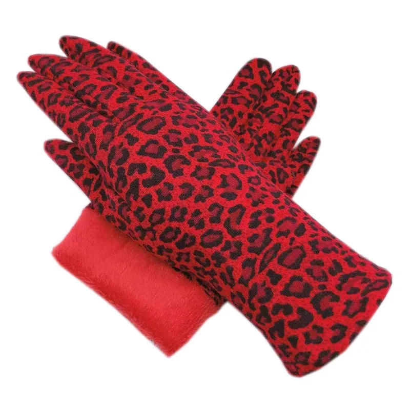 Winter ladies fashion new gloves, red Lycra fabric, leopard print thick velvet material for warmth, driving, cold-proof gloves,