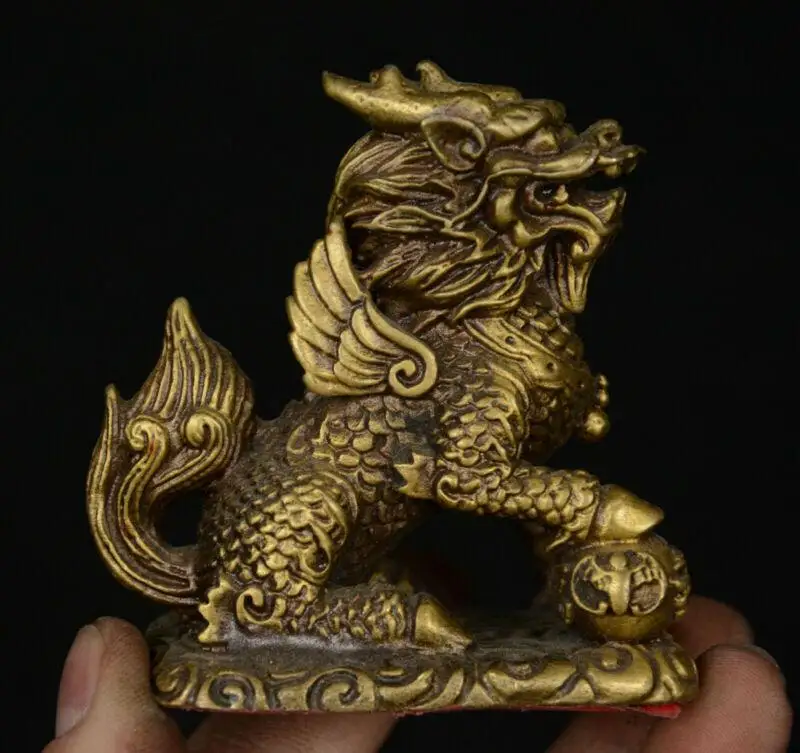 Chinese Copper Bronze Feng shui Animal Kylin Chi-lin Qilin Beast Ball Bat Statue