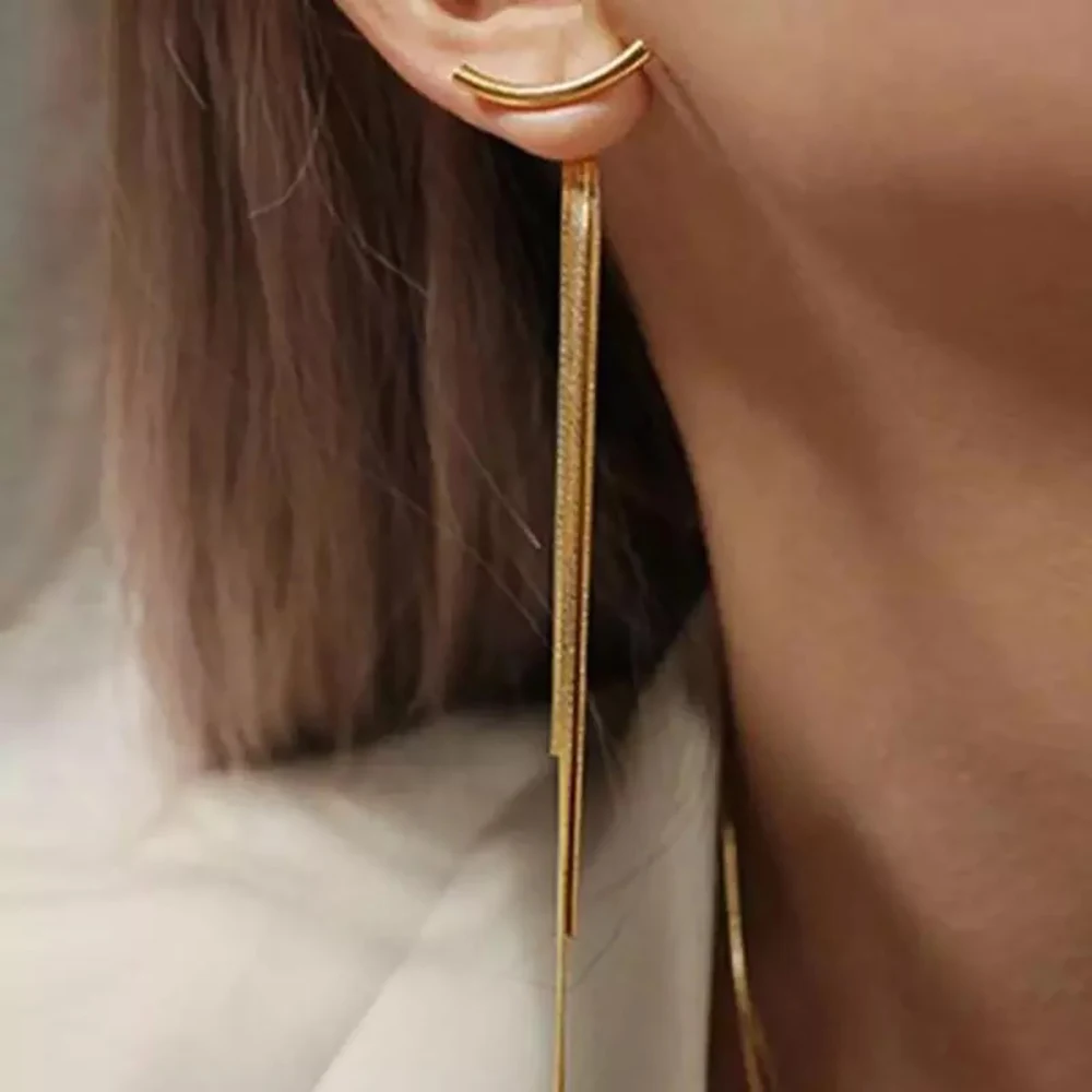 Vintage Long Thread Tassel Glossy Ar Bar Drop Earrings for Women Gold Color Geometric Korean Fashion Jewelry Hanging Pendientes