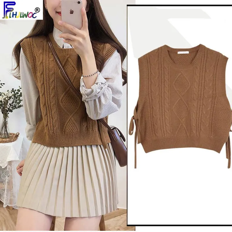 Winter Spring Basic Wear Tops Knitted Sweater Women Fashion Sleeveless Vest Design Brown Knitting Vest Korea Style 9802