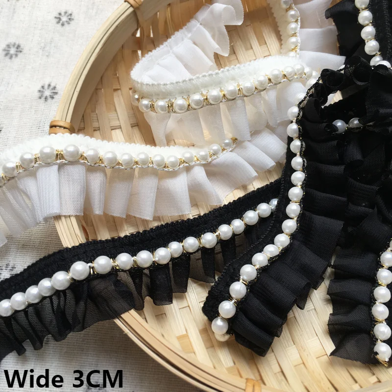 3CM Wide Glitter White Black Pleated Chiffon Fabric Beaded Fringe Ribbon Lace Collar Ruffle Edge Trim Dress Guipure Sewing Decor