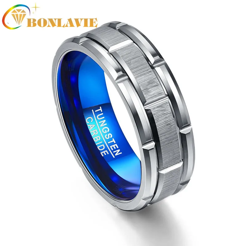 BONLAVIE Blue Inner Ring Scrub Groove Men Rings Tungsten Steel Carbide Anillos Male Fashion Jewelry 8MM Wide Ring