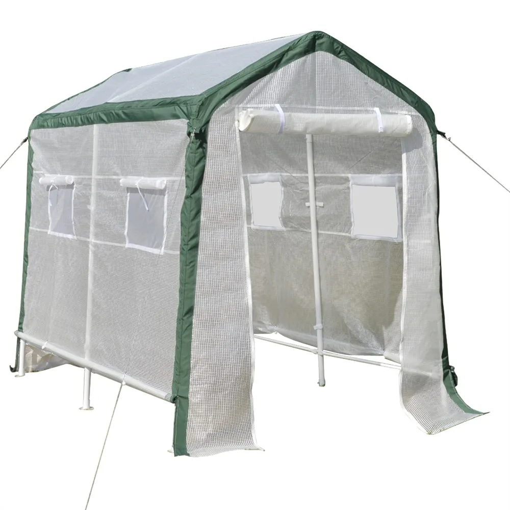 Outsunny garden greenhouse 240x180x200 cm tunnel with 4 windows and roll-up door PE cover and white steel frame