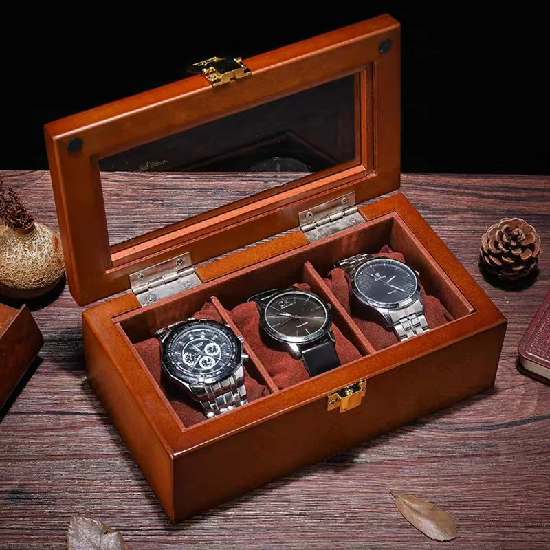 3 Slots Wood Watch Box Organizer Coffee Wooden Watch Case Storage Box New Watch Holder For Men Packing Gift Box