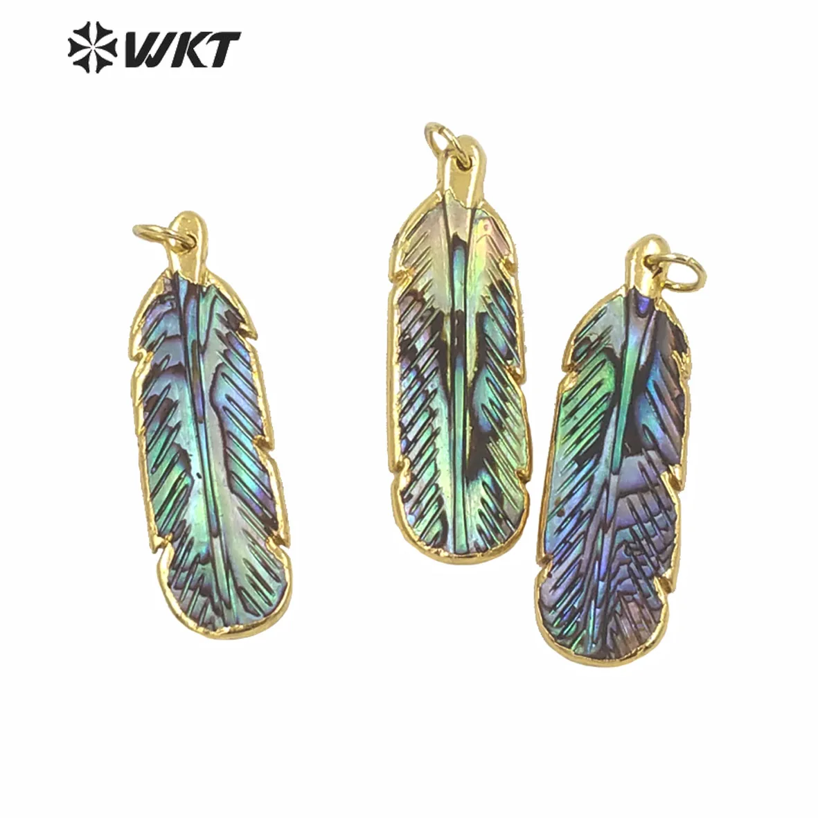 

WT-P662 Unique New Feather Pendants for Wholesale Natural Abalone With Gold Trim Charms Can DIY For Chain Necklace Decoration