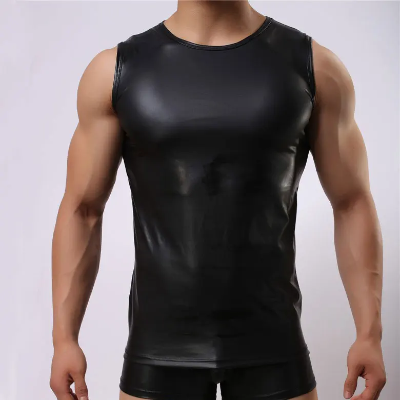 Men Tank Tops Faux Leather Black Sleeveless Vest Sexy Men\'s Tops Shaper Body Club Wear Gay Cool Man Tops Shirts