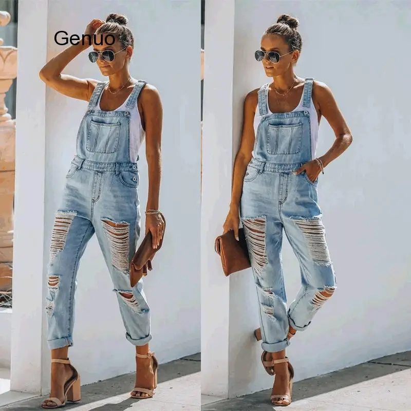 Wanita Denim Celana Kodok Hollow Keluar Desain Kantong Dekorasi Sling Tanpa Lengan Backless Warna Solid Fashion Kasual Lurus Celana Kodok