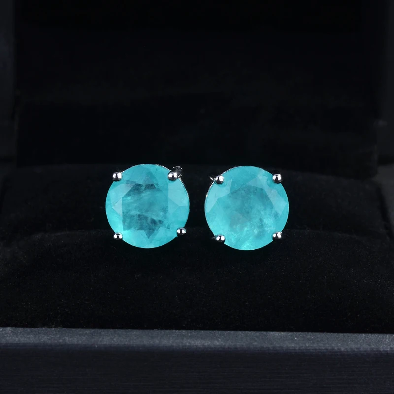 Pendientes de plata de ley 925 para mujer, aretes redondos de piedras preciosas de turmalina Paraiba de 10x10mm, joyería para regalo de aniversario