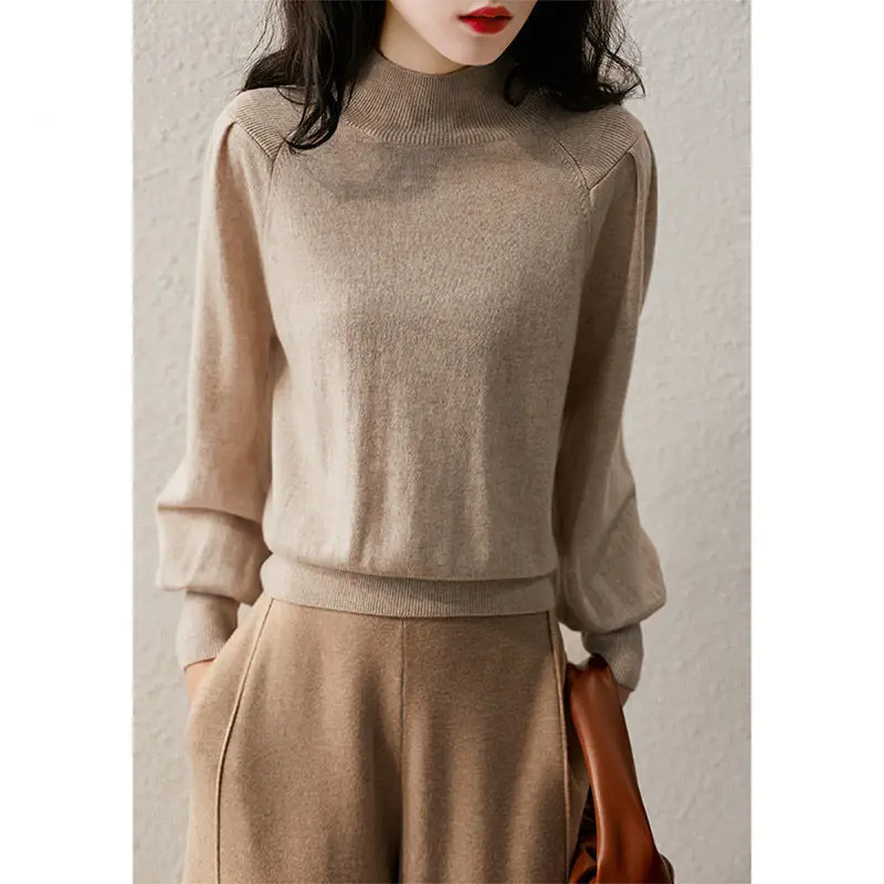 Women Elegant Sweater Mock Neck Cashmere High Quality 2023 Autumn Jumper Lantern Sleeves Pullover Office Lady Knitwear GGJ-00