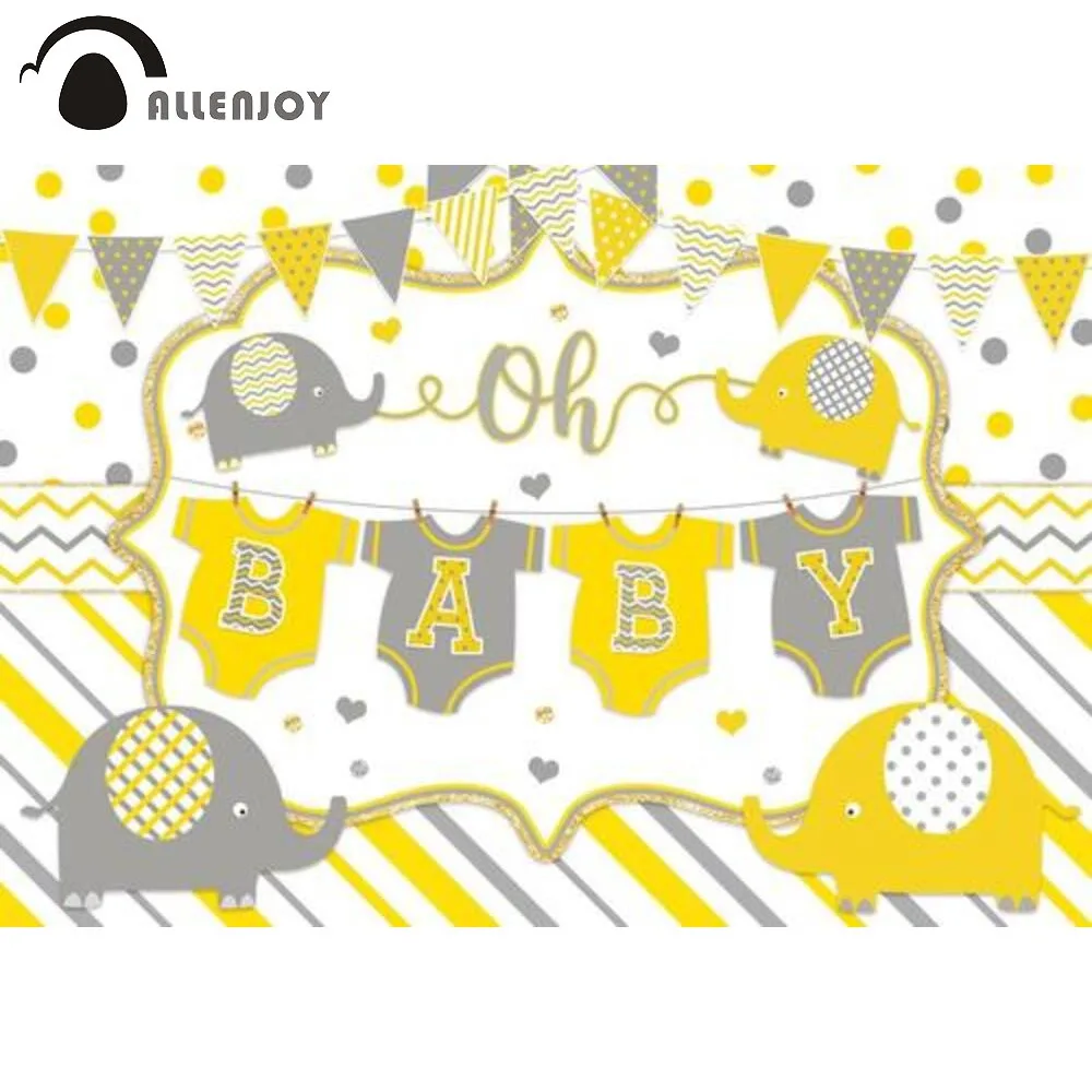 Allenjoy Oh Baby Shower Theme Background Grey Yellow Elephant Birthday Party Gender Reveal Newborn Decor Photocall Backdrop