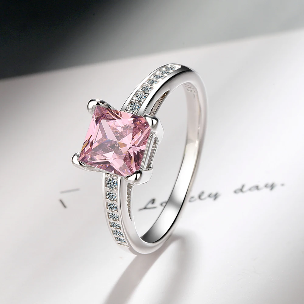 Exquisite 925 sterling silver iridescent zircon ring, sizes 5-10, four-prong square diamond, elegant jewelry gift for goddesses.