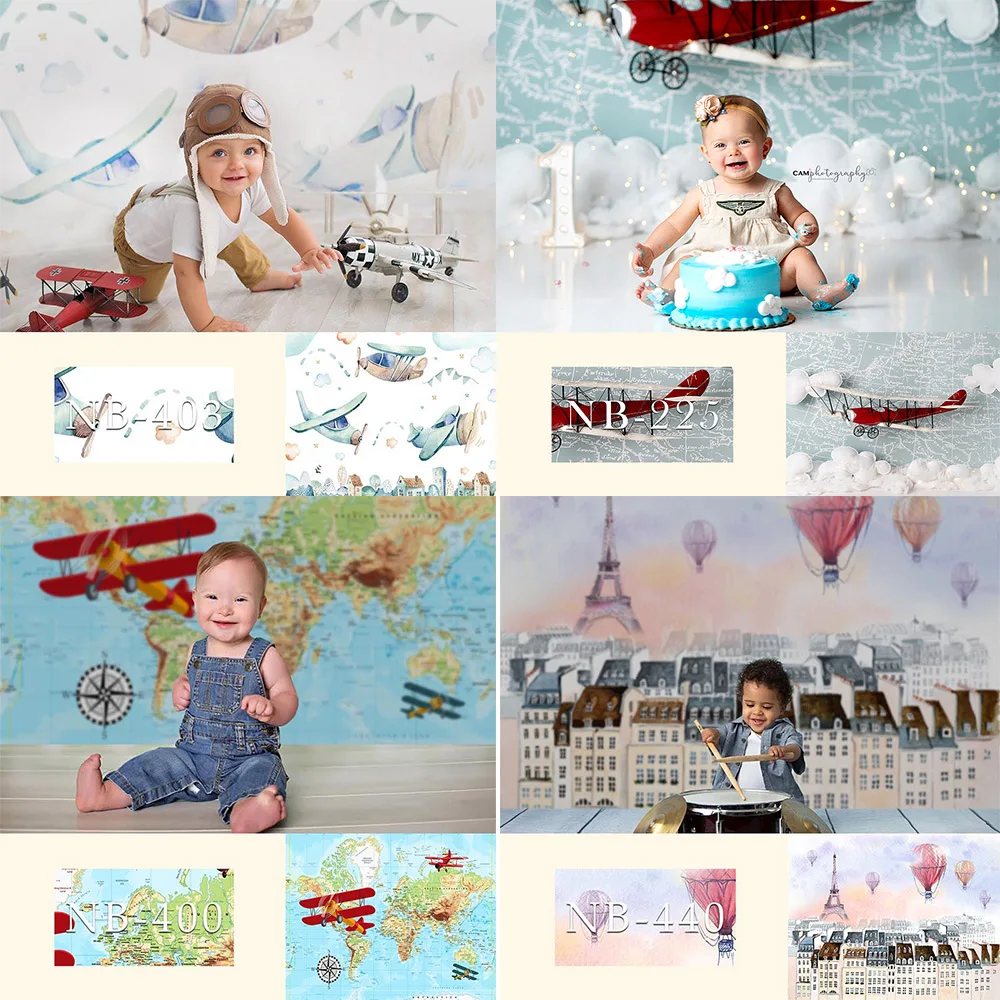 Mocsicka Baby Shower Background Aircraft Travel Map Hot Air Balloon Newborn Portrait Photo Backdrop For Photography Vinyl Banner