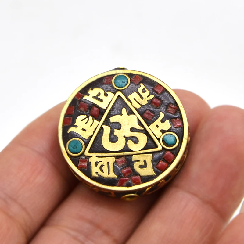 TZA05 Nepal Handmade Tibetan Amulet Colorful Clay Round Brass Buddhism DIY Beads To Make Jewelry Bracelets Six-Word Mantra ॐ OM