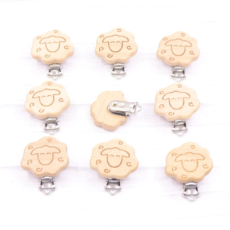 5pcs 30mm Laser Patern Metal Steel Round Beech Wood Clips Baby Teethers Toys Pacifier Chain Holder Making