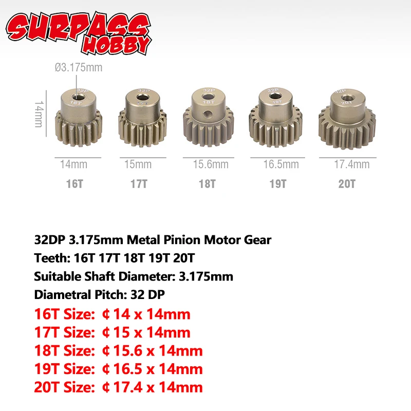 5PCS 32DP 48DP 64DP M0.6 3.175mm Metalen Aluminium Rondsel Motor Gear Set 12 T-50 T voor 1/10 RC Auto Vrachtwagen Buggy Auto
