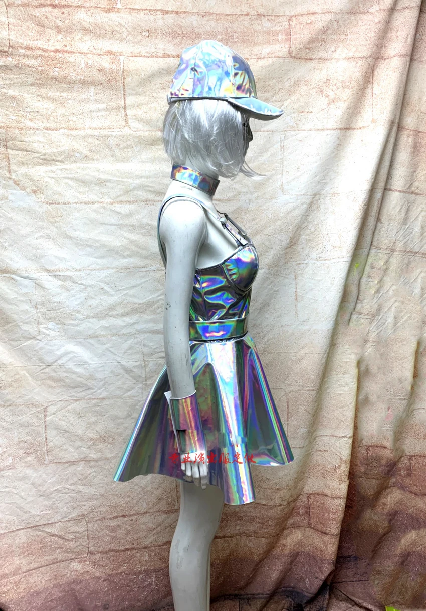 

Festive party nightclub car model catwalk laser short skirt suit Silver laser dress nighclub dance show costume