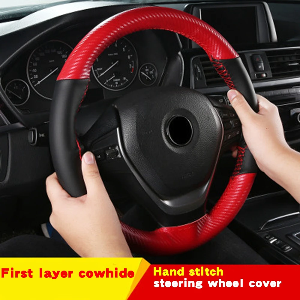 Braid Car Steering Wheel Cover Carbon Fiber Leather Car Steering-Wheel On Wrap With Needle Thread 15inch 38cm