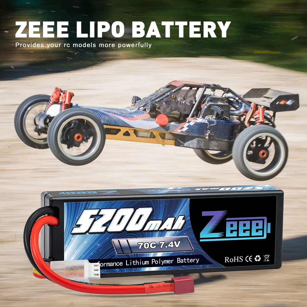 Zeee-Bateria Lipo com Deans Plug, 7.4V, 70C, 5200mAh, 2S, estojo rígido para veículos RC, carro, caminhões, avião, barcos, 1, 8, 1, 10