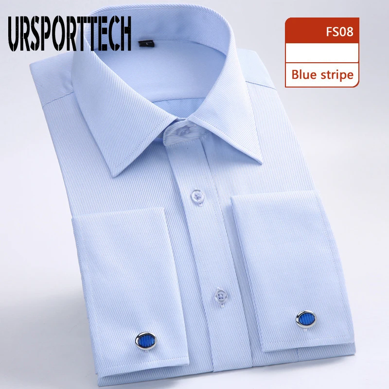 Men Long Sleeve Shirt Spring Striped Men French Cufflinks Casual Shirt White Collar Design Mens French Cuff Dress Shirts M-6XL