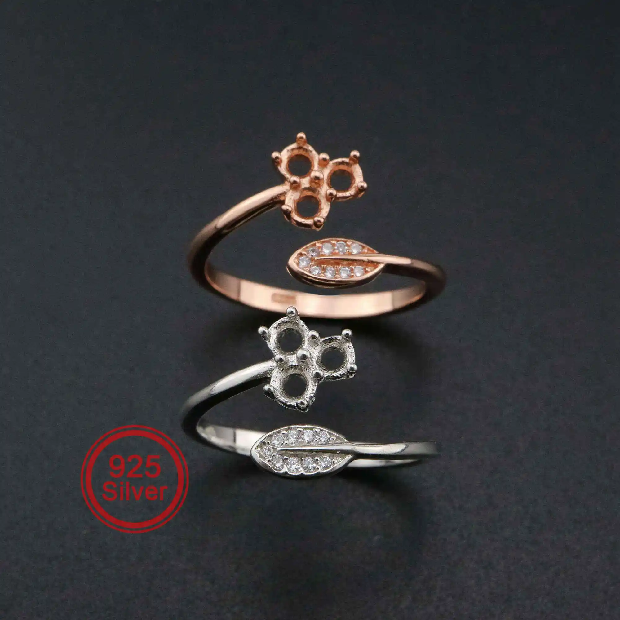 3MM Round 3 Stones Flower Leaf Rose Gold Plated Solid 925 Sterling Silver Adjustable Prong Ring Settings Blank Gemstone 1210070