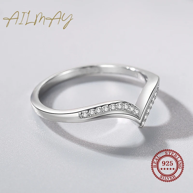 Ailmay Top Quality Rea 925 Sterling Silver Asymmetry Fashionc Rings Clear Zircon For Women Girls Anti-allergy Fine Jewelry Gifts