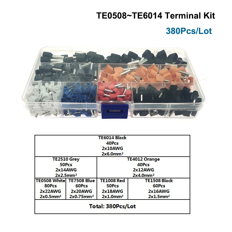 

380Pcs/Lot Dual Wire TubeInsulated Crimp Terminal Kit TE0508~TE6014 Double Line Terminales Connector Cable Ferrule 0.5~6mm2