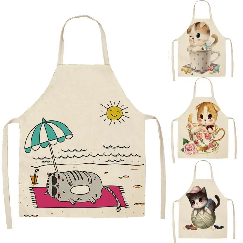 Cat Animals Printed Kitchen Aprons for Women Kids Sleeveless Dolphin Elephant Cotton Linen Bibs Cooking Baking Cleaning Tools