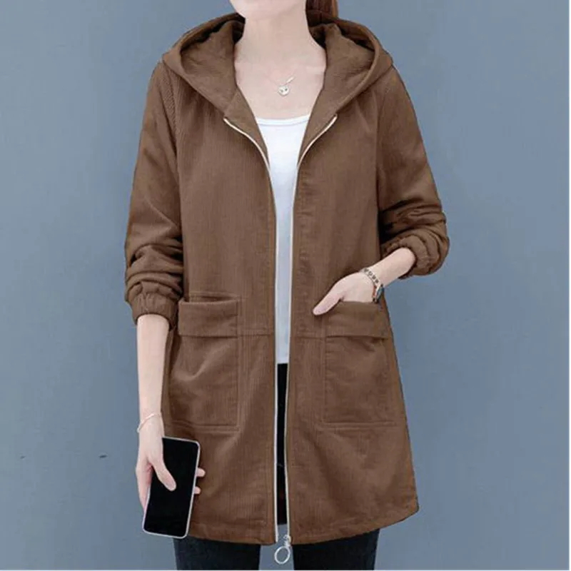 Hooded Corduroy Jacket Women 2024 New Spring Autumn Korean Loose Outwear Middle-aged mother Female Casual Windbreaker Outwear