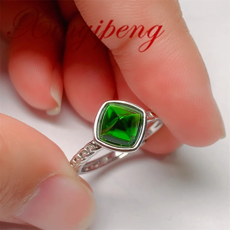 Xin Yipeng Real S925 Sterling Silver Plated White Gold Inlaid Natural Green Diopside Ring Fine Jewelry Party Gift for Women