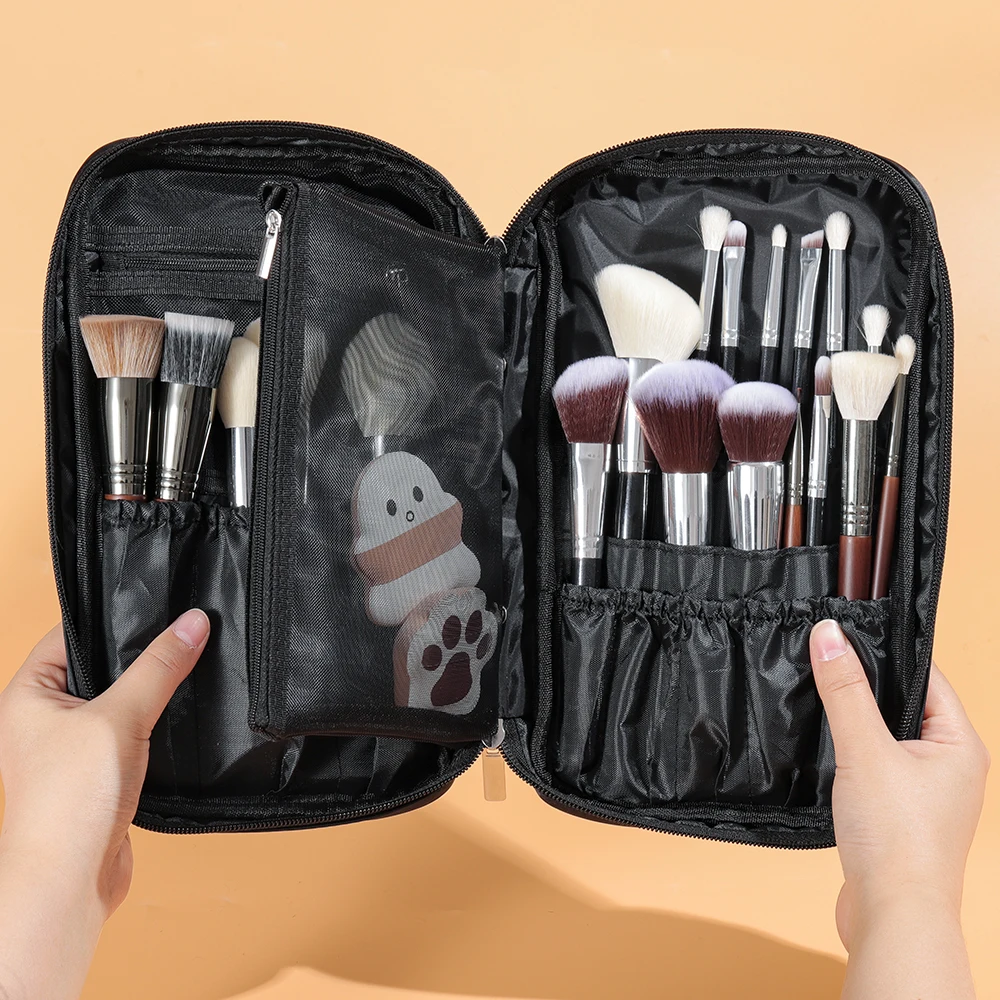 OVW High Capacity Black Canvas Makeup Brush Bag Travel Make up Bag Beauty Zipper Travel Storage Kits Organizer Cosmetic Bag