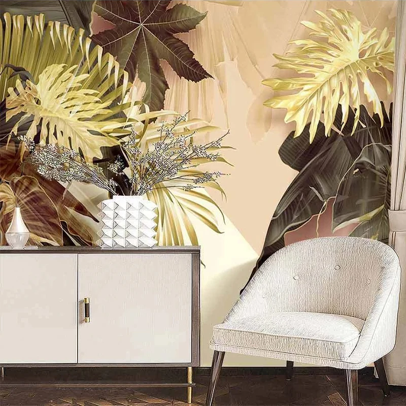 Custom Mural Wallpaper Modern 3D Tropical Plant Golden Leaves Frescoes Living Room TV Sofa Creative Art Papel De Parede Sala 3 D