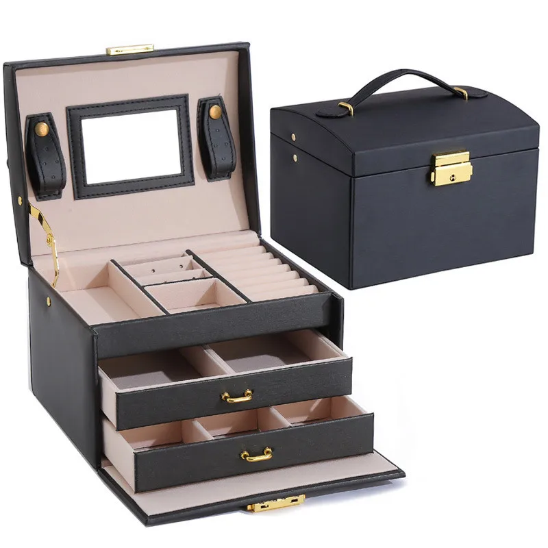 Fashion Jewelry Storage Box Large Capacity Portable Lock With Mirror Storage Boxes Earrings Necklace Ring Jewelry Display