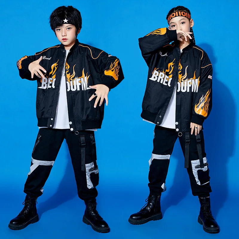 

Hip Hop Kids Boys Clothes Girls Jazz Dance Costume Flame Print Show Suit Black Tops Pants Street Dancing Stage Outfits VDB2246