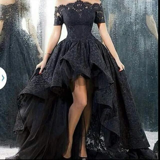 evening party prom gown 2020 boat neck Short sleeve Ball Gown Short Front Long Back black lace Mother of the Bride Dresses