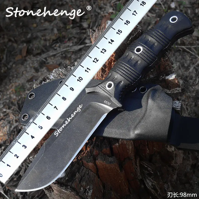 Heavyweight Stonewash DC53 Steel g10 Handle Outdoor Tactical Survival Knife with Kydex Sheath Camping Hunting Self defense Tool