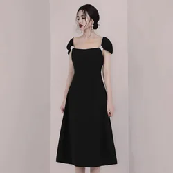 High Quality Autumn France Black Long Dress New Runway Women Square Collar Pearls Beaded Short Sleeve Slim Waist Party Vestidos
