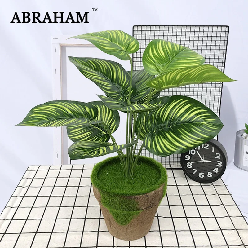 40cm 12 Fork Tropical Monstera Artificial Plant Leaves Plastic Palm Tree Potted Green Real Touch Fake Turtle Leaf For Home Decor