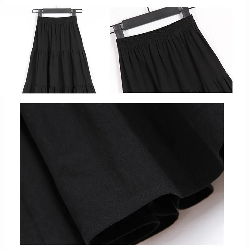 Black Casual Skirt for Kids Girl Cotton Elastic High Waist Tiered Ruffle Hem Long Swing Pleated Maxi Skirts 8-16 Years