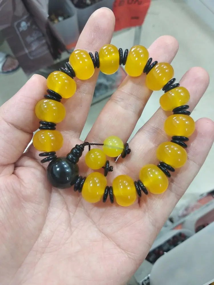 12mm Nature Yellow Jade Mala Bead Bangle Amulet bracelet chalcedony rosary pray churinga