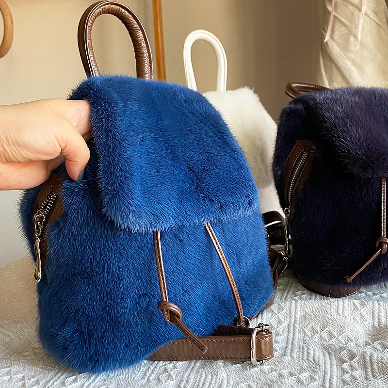 ZDFURS*mported Mink Hair Backpack Cute and Compact Fashion Japan South Korea Solid Color Casual Real Fur Mink Leather Fur Bag